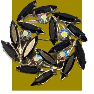 Vintage Black Crystal Navette Pin Brooch with Aurora Borealis Accents